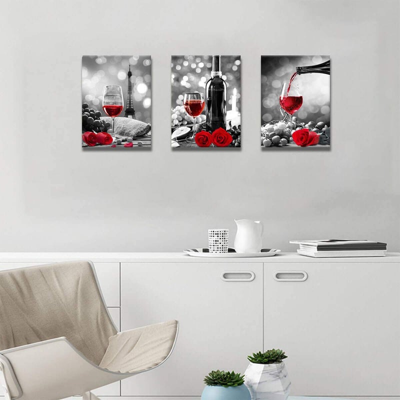 KAKEMONO Wine Decor Kitchen Canvas Art Red Wine Rose Artwork for Home Walls Black and White With Red Wine Painting Printed Rose Art Dining Room Decor Red Kitchen Pictures Wall Decor Stretched 12x16inches x3pcs - Image 4